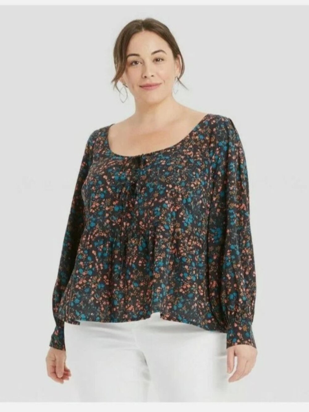 Ava & Viv Plus Long Sleeve Flowy Floral Scoop Neck Tie Front Babydoll Blouse